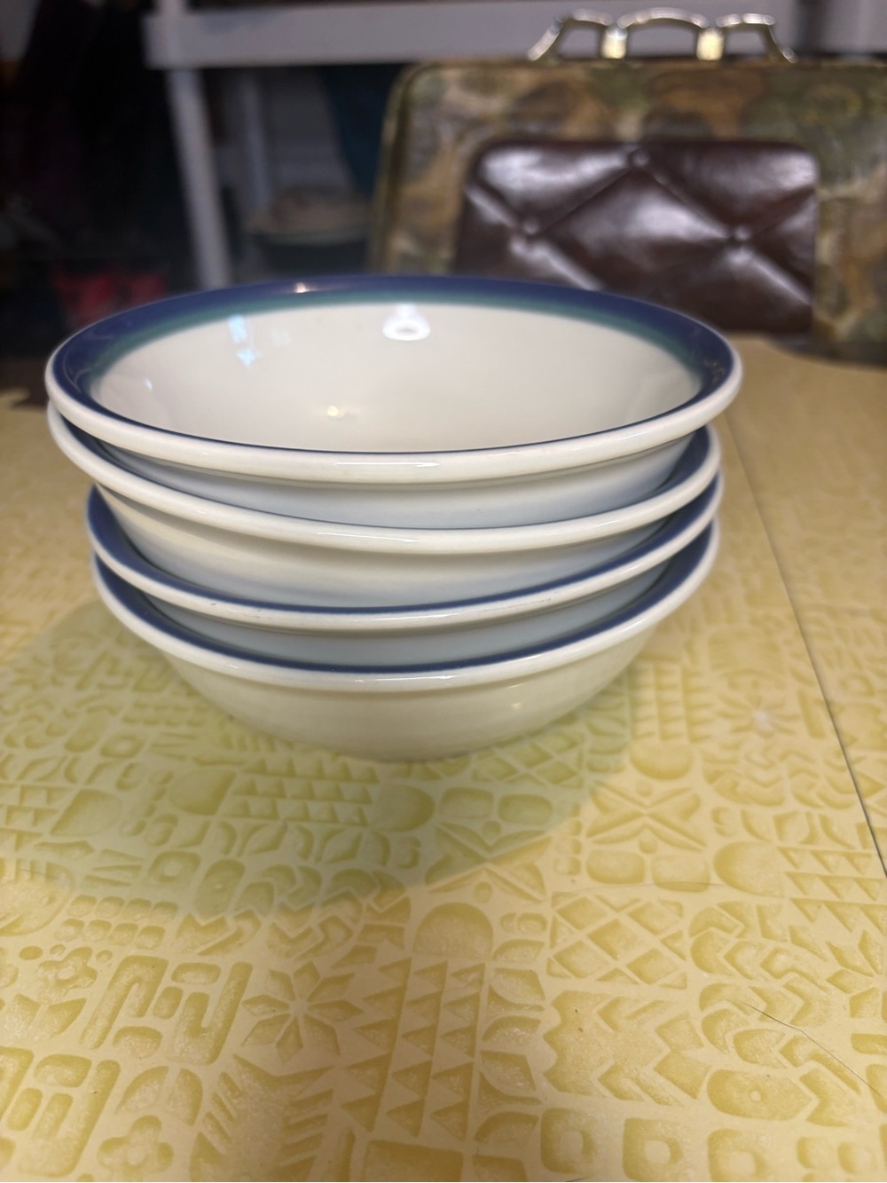 Vintage White Ceramic Bowls with Blue Rim - Set of 4